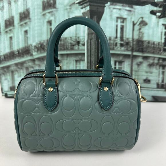 Coach CY744 Mini Rowan Crossbody Bag In Blocked Sig Leather IN Dark Turquoise - Picture 2 of 9